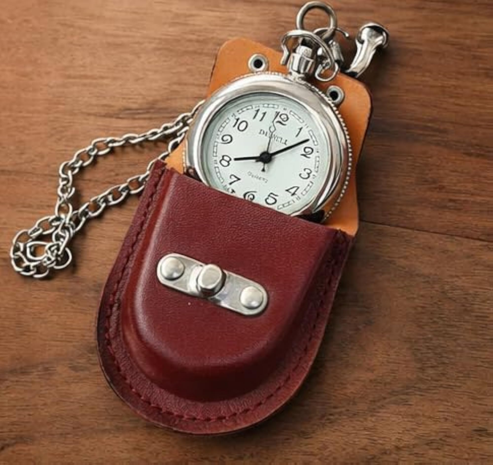 Classic Quartz Pocket Watch with Leather Pouch & Chain